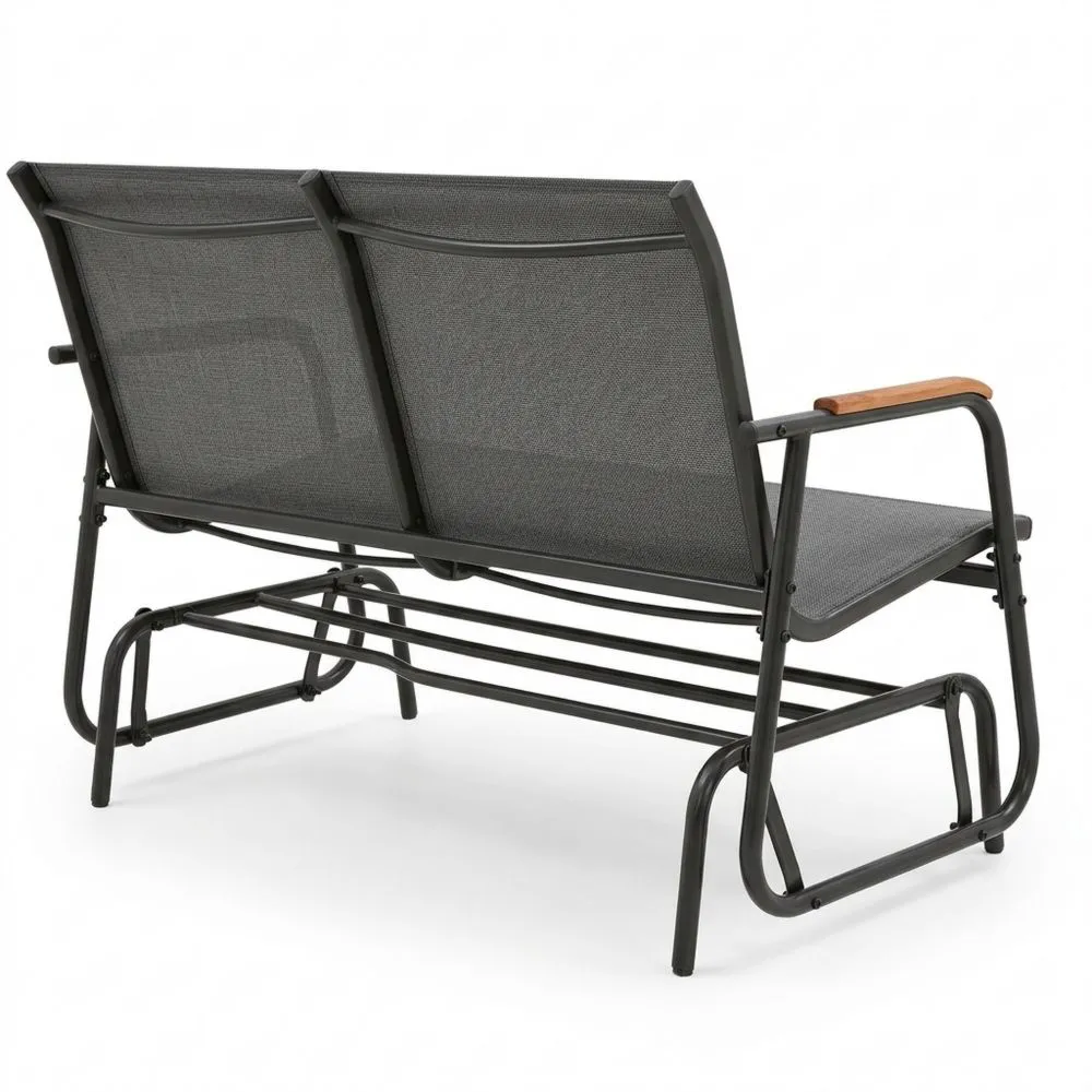 Banco mecedora para jardín con tejido transpirable y reposabrazos de madera