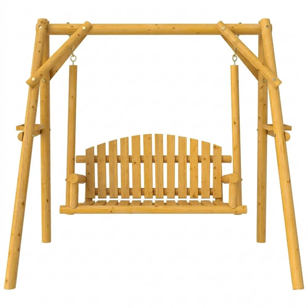 Banco columpio exterior para jardín de madera con bandejas y reposabrazos