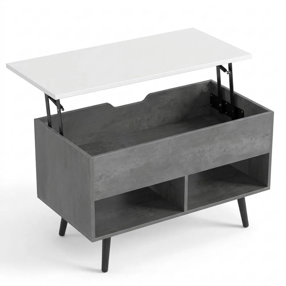 Mesa de Centro Elevable de Madera con Compartimento Oculto y Estantes Abiertos