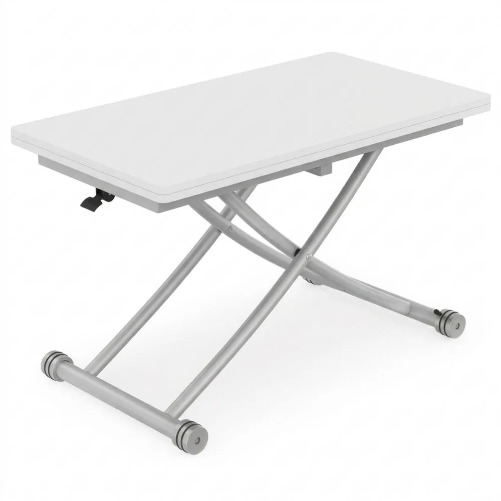 Mesa de centro transformable en mesa de comedor rectangular, superficie blanca, base cromada