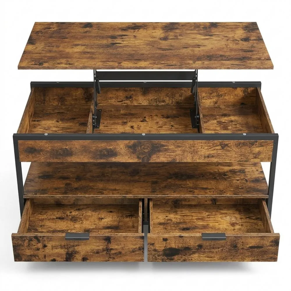 Mesa de Centro Elevable con Cajones y Compartimentos Ocultos, Marrón Rústico
