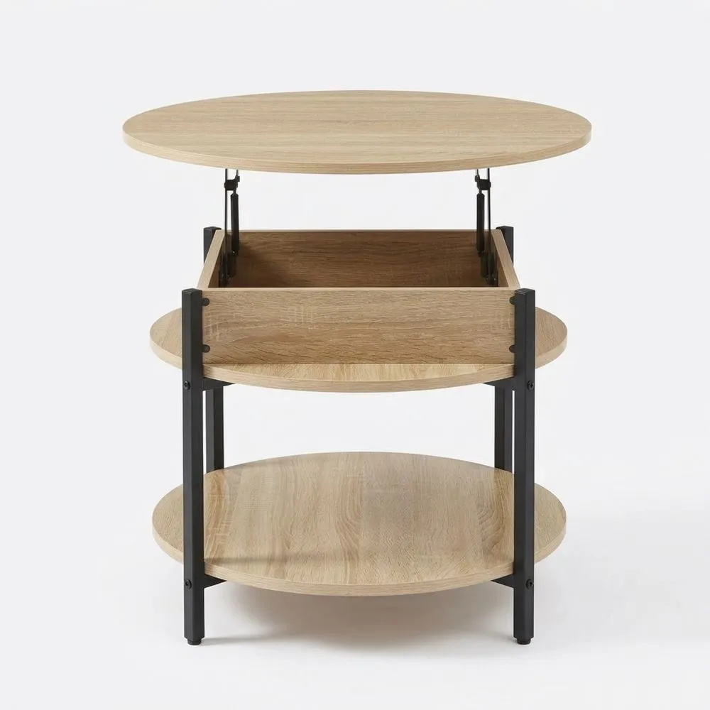 Mesa de Centro Redonda con Compartimento Interno y Estante, 70 x 49 cm - Efecto Roble