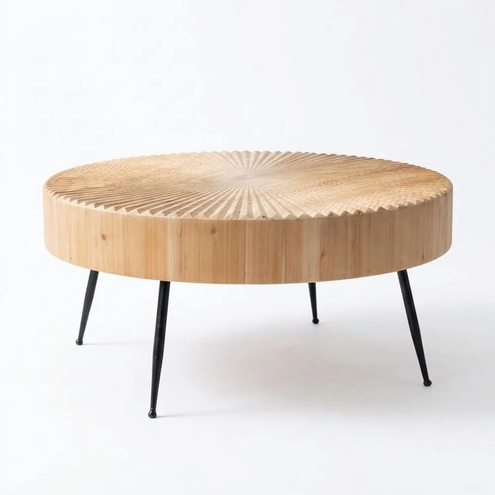 Mesa de Café Redonda de Pino con Patas Metálicas, Mesa Auxiliar para Sala de Estar, Marrón Claro Vintage