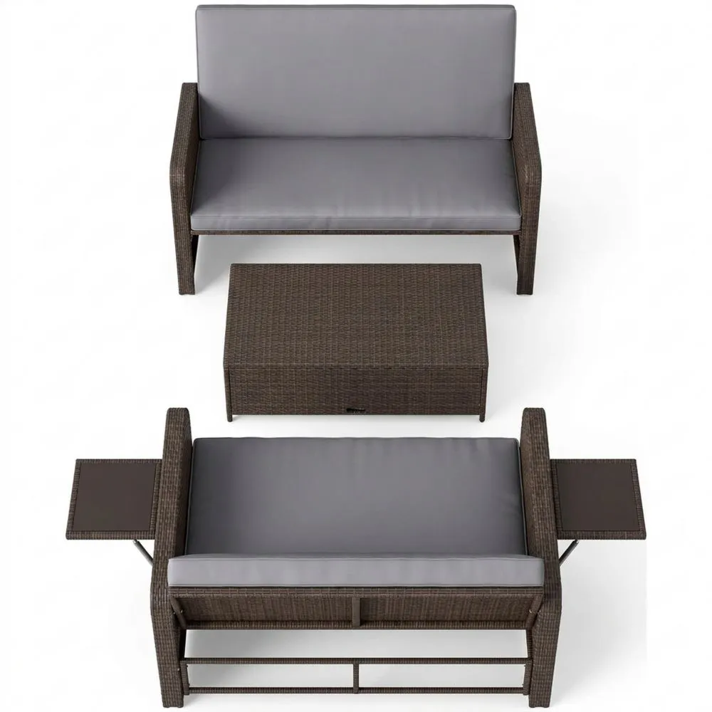 Sofá de Ratán para Exterior con Reposapiés de Almacenamiento y Respaldo Ajustable