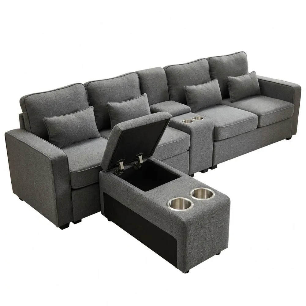 Sofá Moderno de 4 Plazas con Bolsillos y Cojines, Soporte para Bebidas y Puertos USB