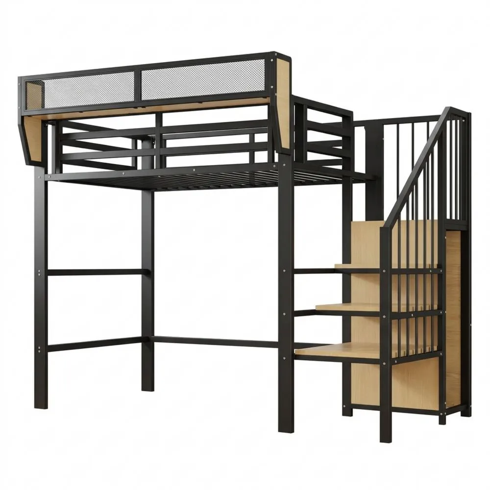 Cama alta con escalera de seguridad y compartimento de almacenamiento, cama litera de metal