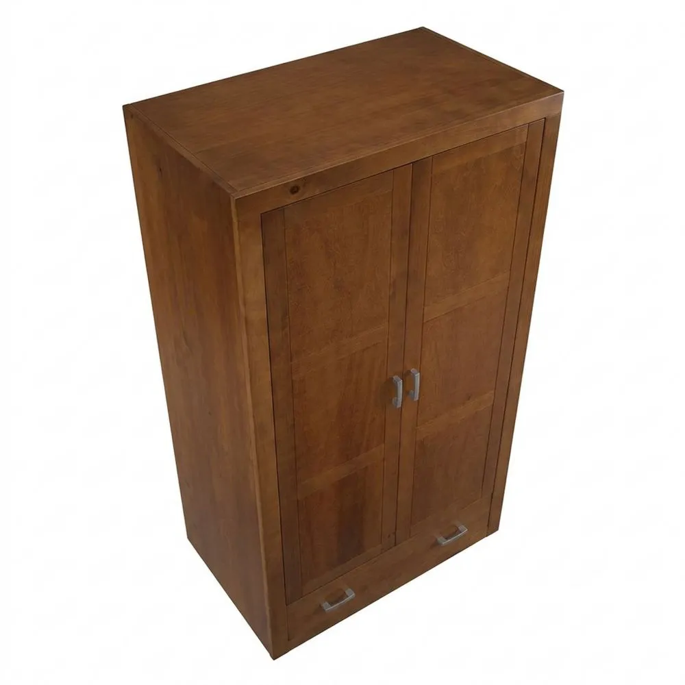 Armario de Madera de Pino Maciza con 2 Puertas y Cajón, Color Cerezo