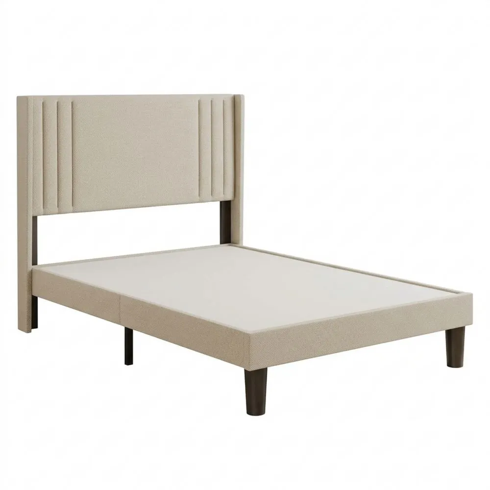 Cama Tapizada con Cabecero 120 x 200 cm, Estructura de Cama con Lamas de Madera, Montaje Sencillo, (Beige)