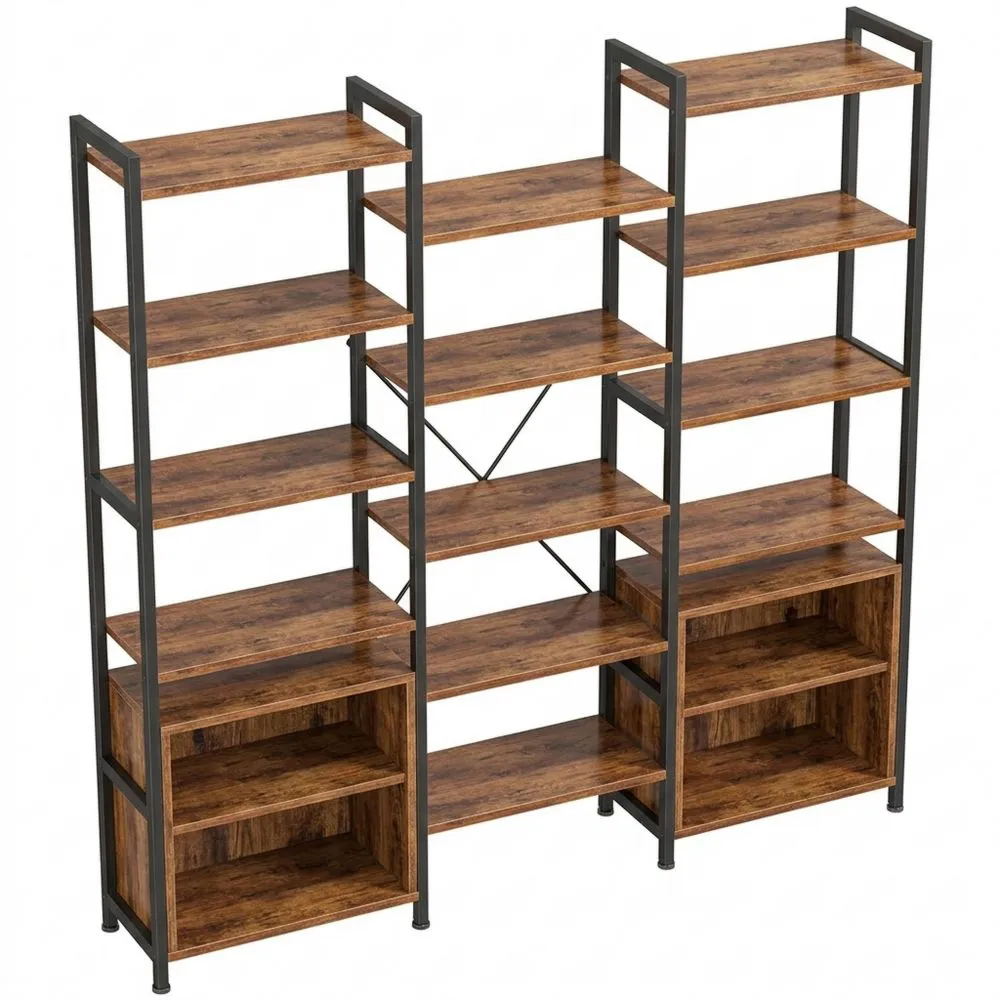 Estantería vertical con 17 estantes y 6 niveles, almacenamiento para oficina, sala de estar, dormitorio, cocina, marrón