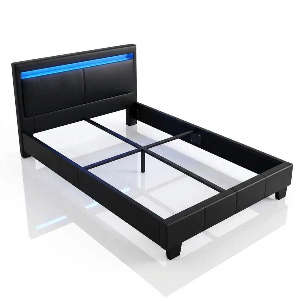 Cama Individual 90 x 200 cm Negra con Colchón y Luz LED