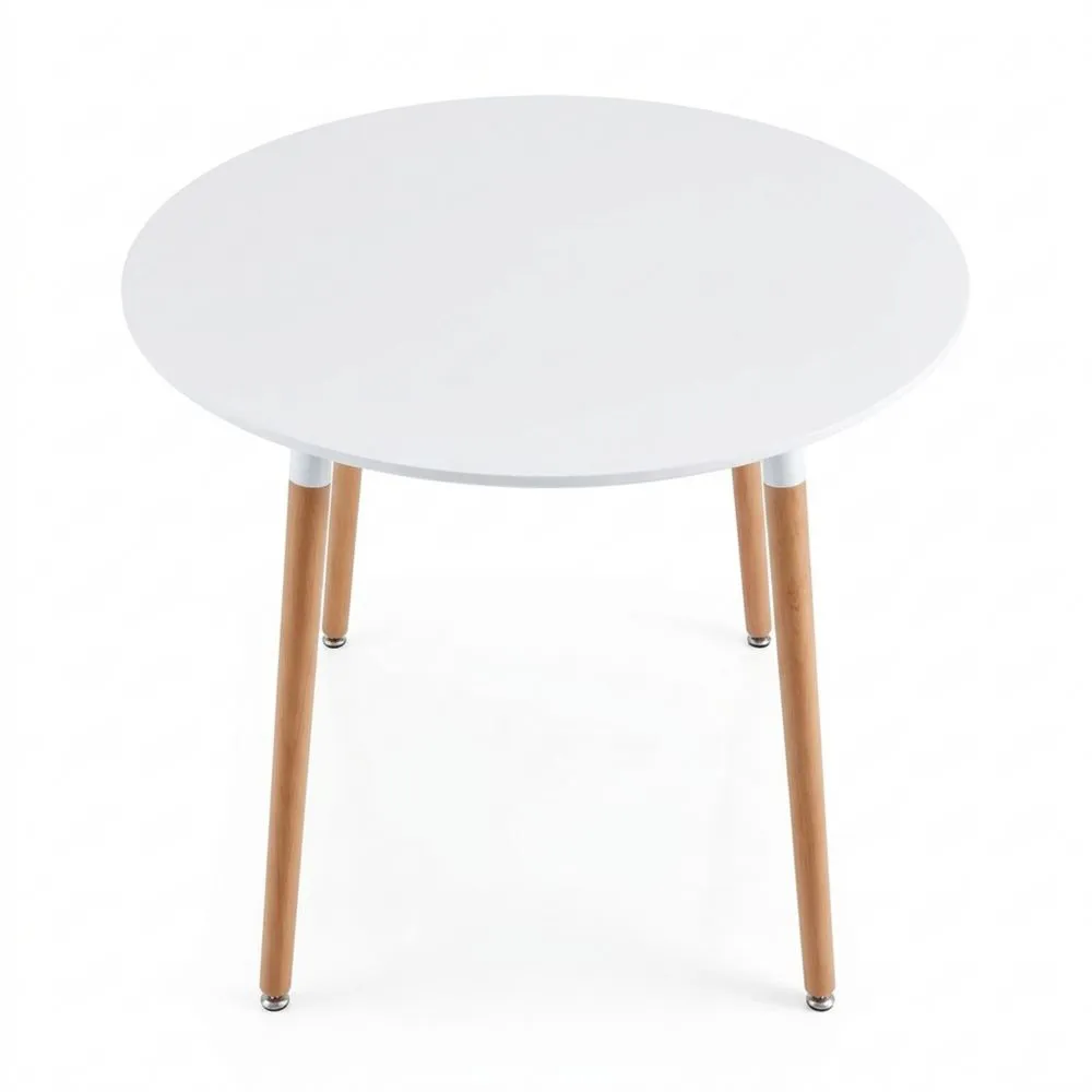 Mesa de comedor redonda fija, mesa de cocina y salón, acabado en madera de haya y blanco, 100 cm x 100 cm x 74.5 cm