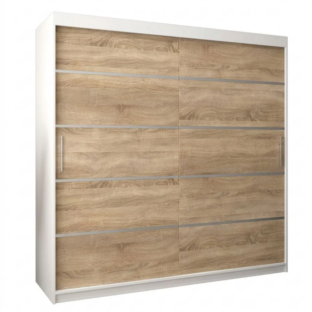 Armario de Dormitorio con Puerta Corredera y Estantes en Blanco Mate y Roble Sonoma