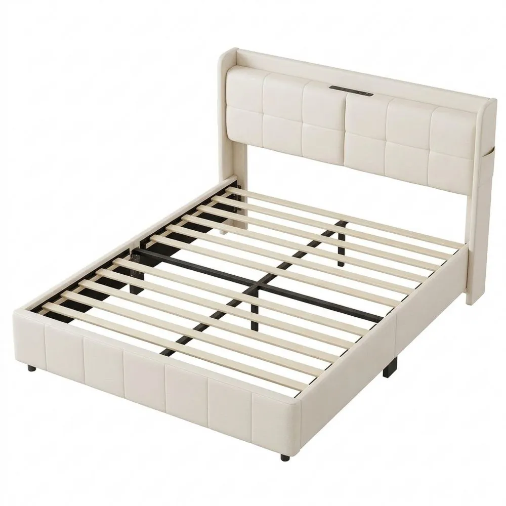 Cama Doble de Cuero Blanca 160 x 200 cm con Cajón y Conexión USB