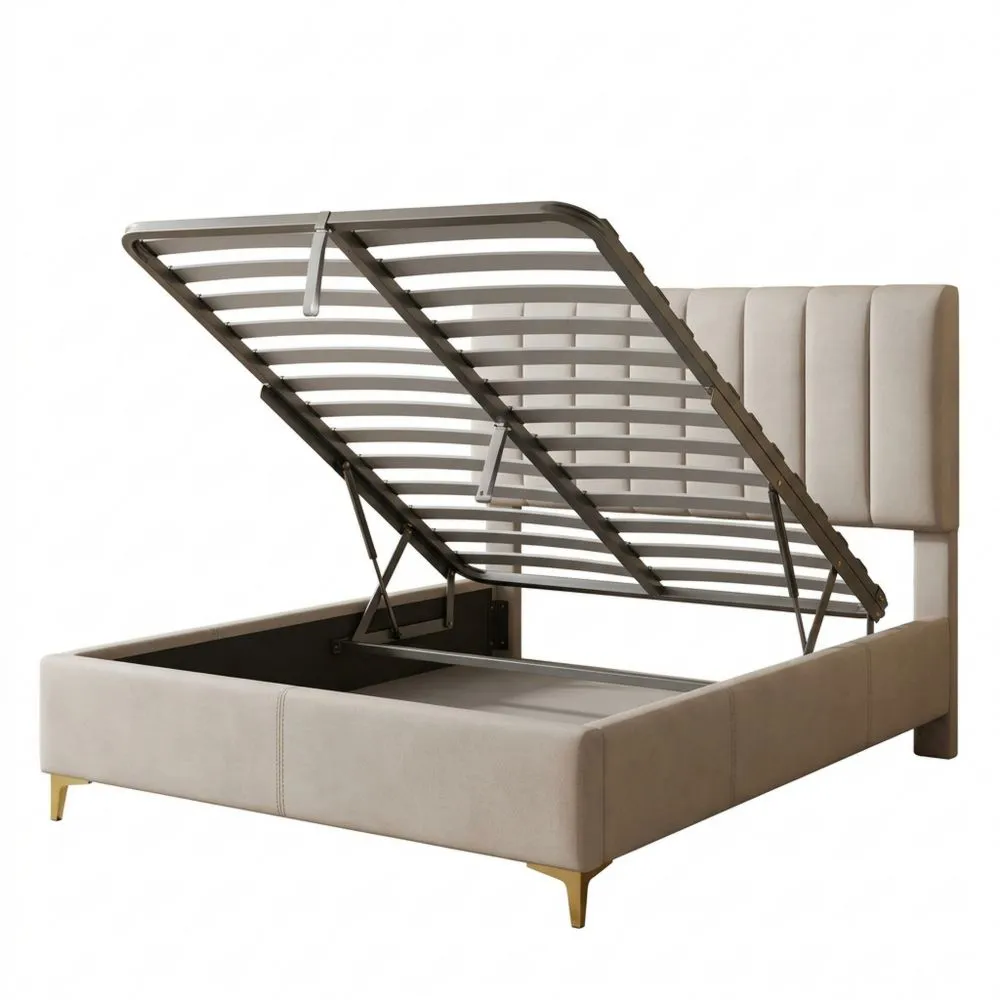 Cama Tapizada 90 x 200 cm con Almacenaje Hidráulico, Base de Láminas y Espacio de Almacenamiento