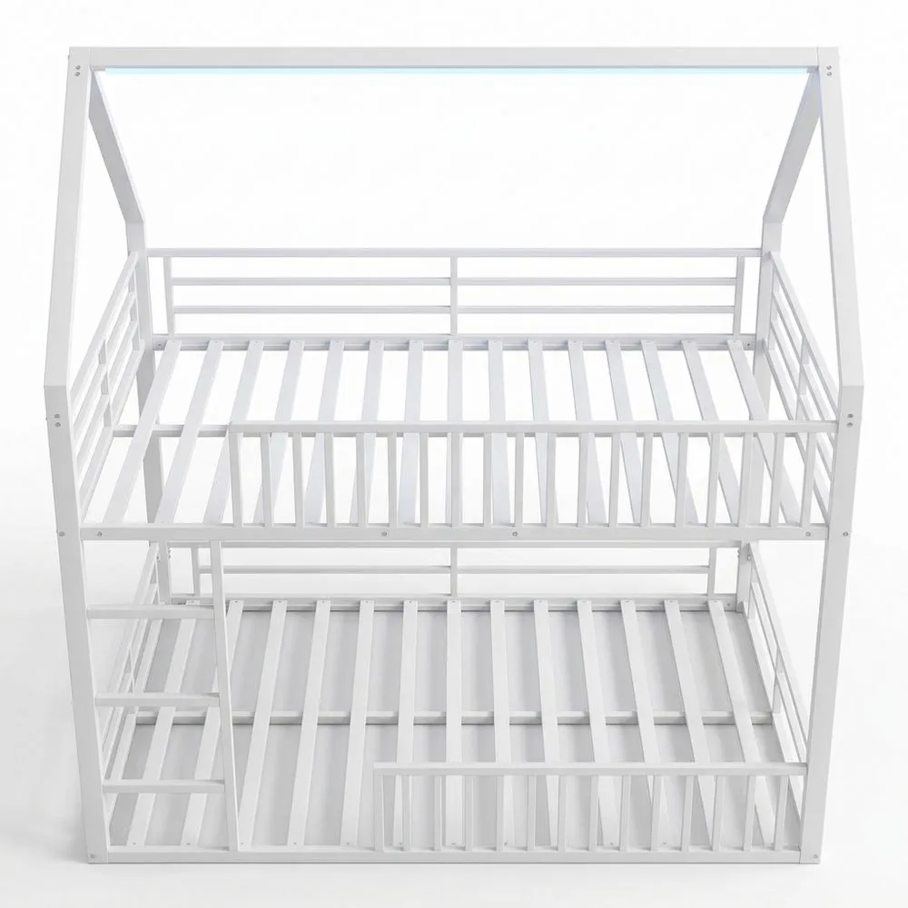 Cama de litera con valla y luz LED 140 x 200 cm blanca