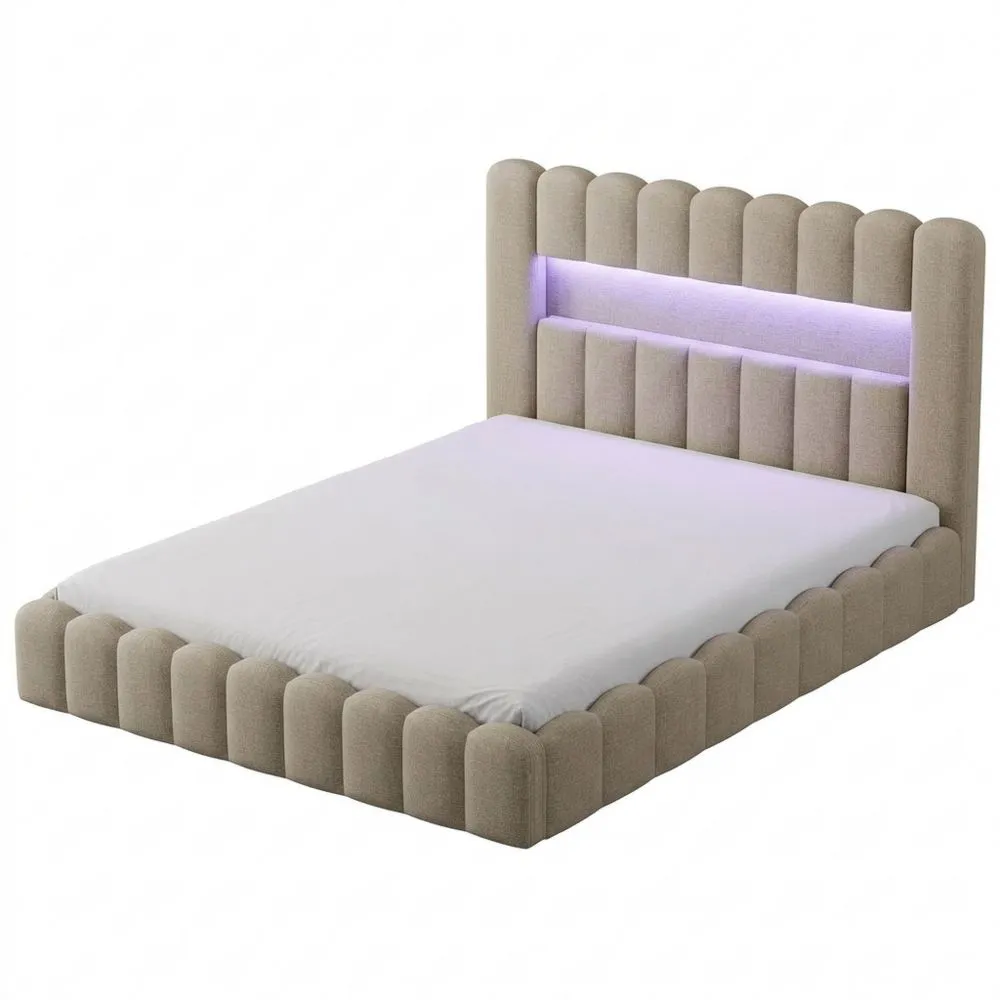 Cama Tapizada con Almacenamiento y Luz LED, 180 x 200 cm, Beige