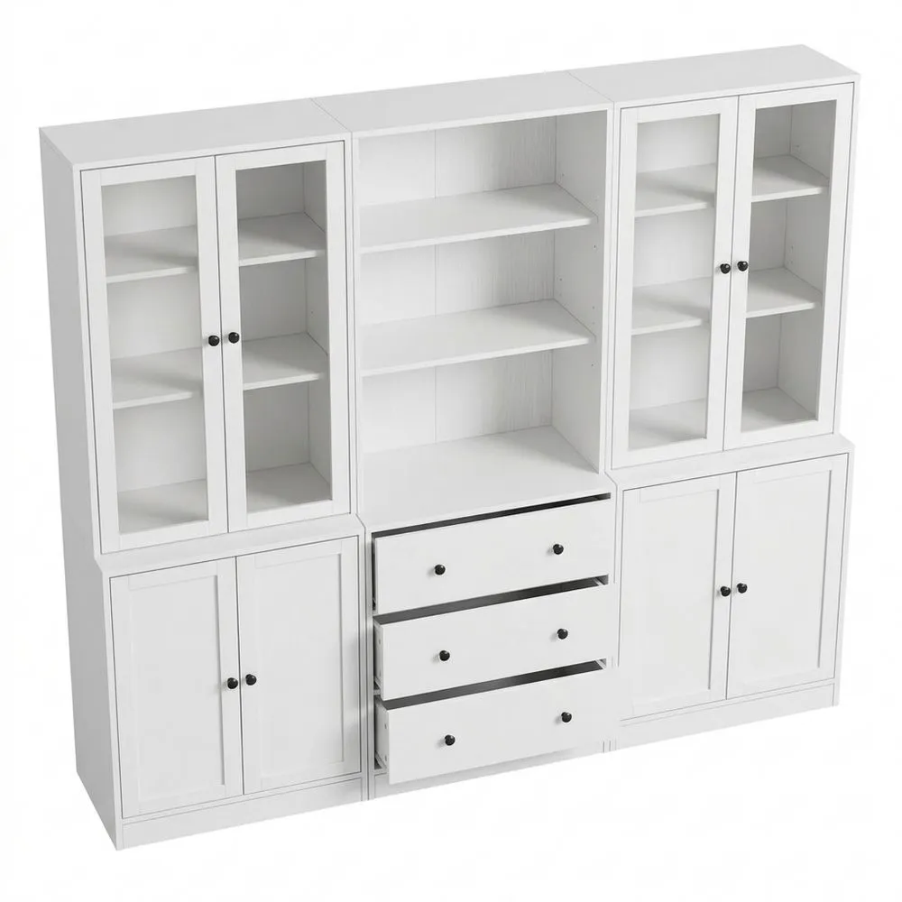 Estantería multifuncional de 6 niveles con puertas y vitrina de cristal