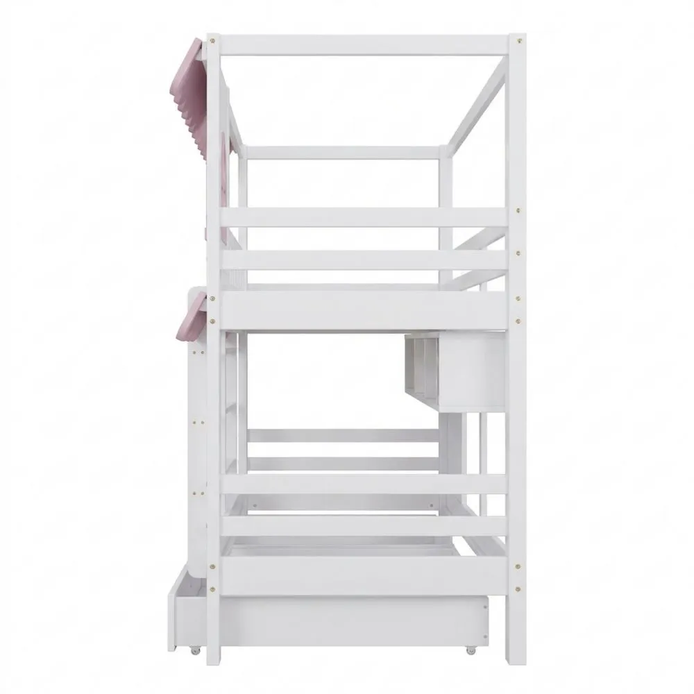 Cama litera infantil con cortinas y estantes, estructura estable, espacio de almacenamiento