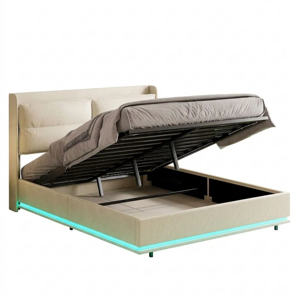 Cama Tapizada 140 x 200 cm con Almacenamiento Hidráulico y LED