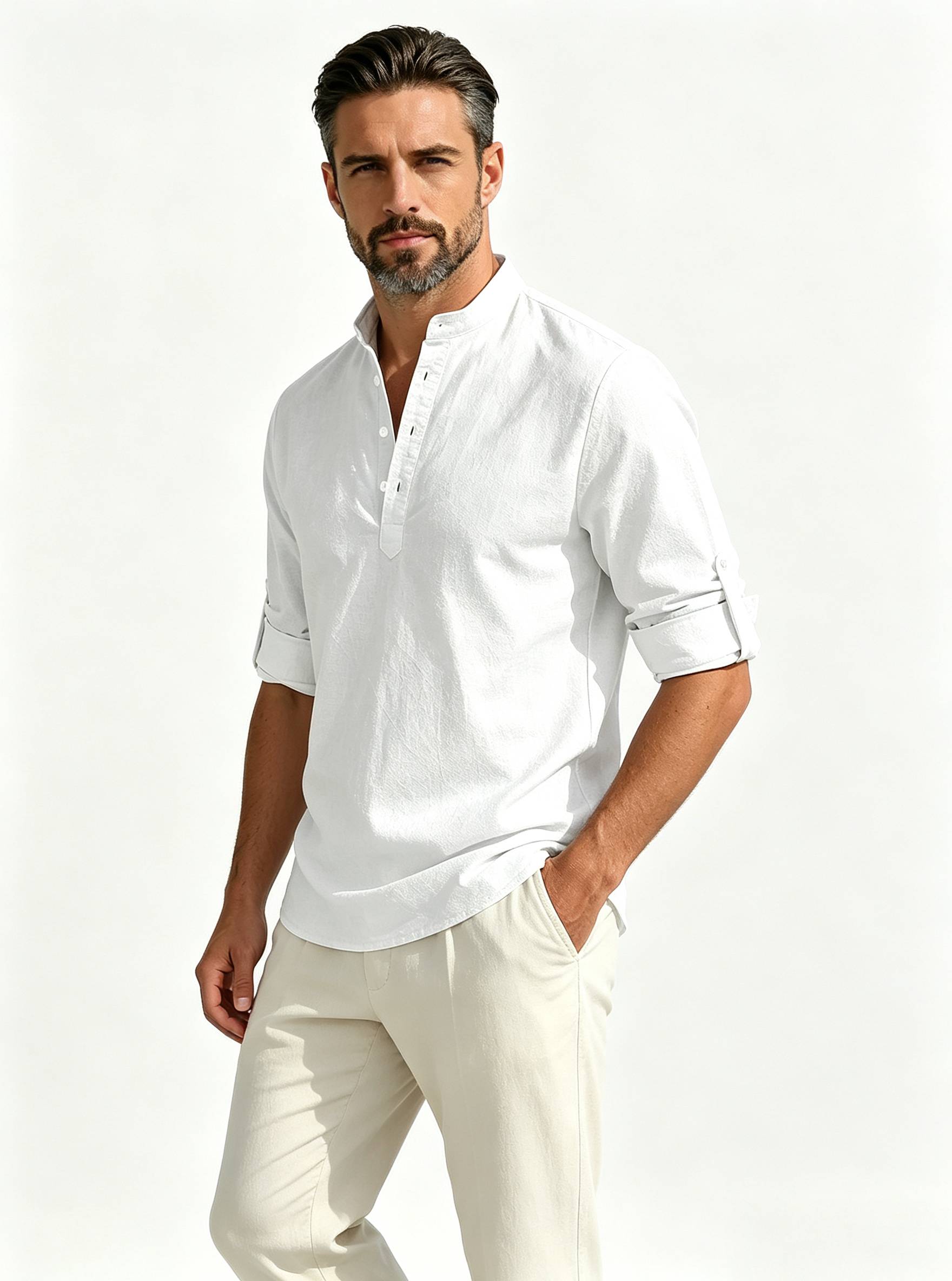 Men's Solid-Color Linen-Blend Stand-Collar Long-Sleeve Breathable Quick-Dry Loose Casual Shirt