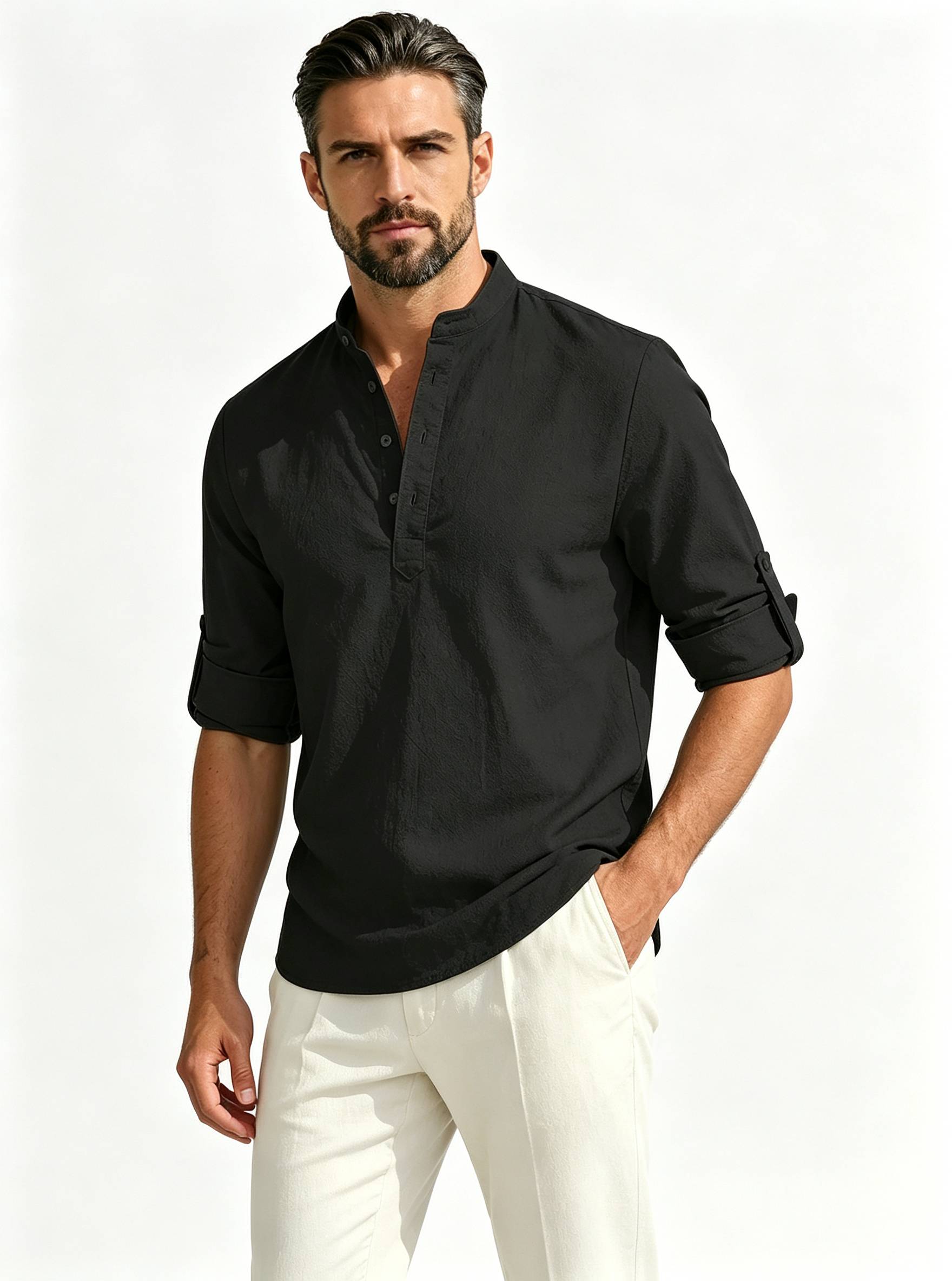 Men's Solid-Color Linen-Blend Stand-Collar Long-Sleeve Breathable Quick-Dry Loose Casual Shirt