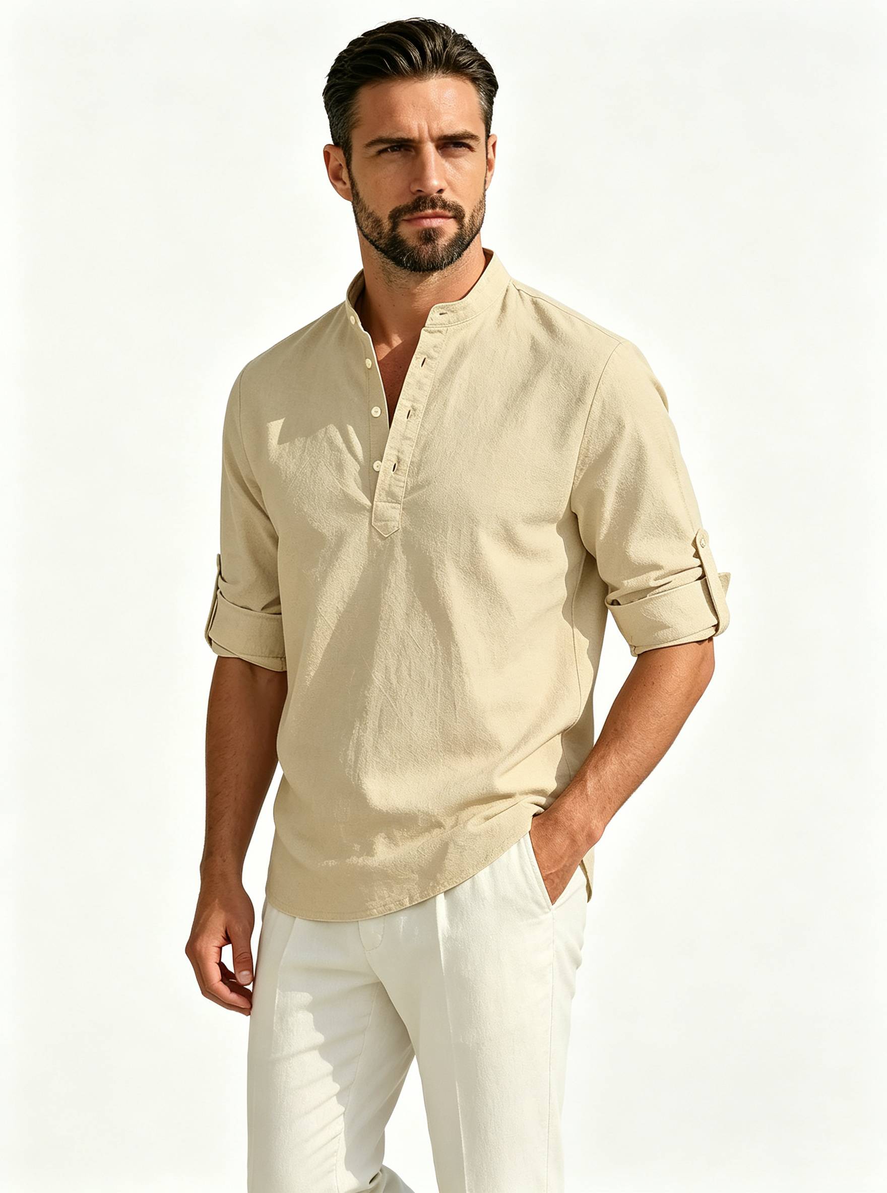 Men's Solid-Color Linen-Blend Stand-Collar Long-Sleeve Breathable Quick-Dry Loose Casual Shirt