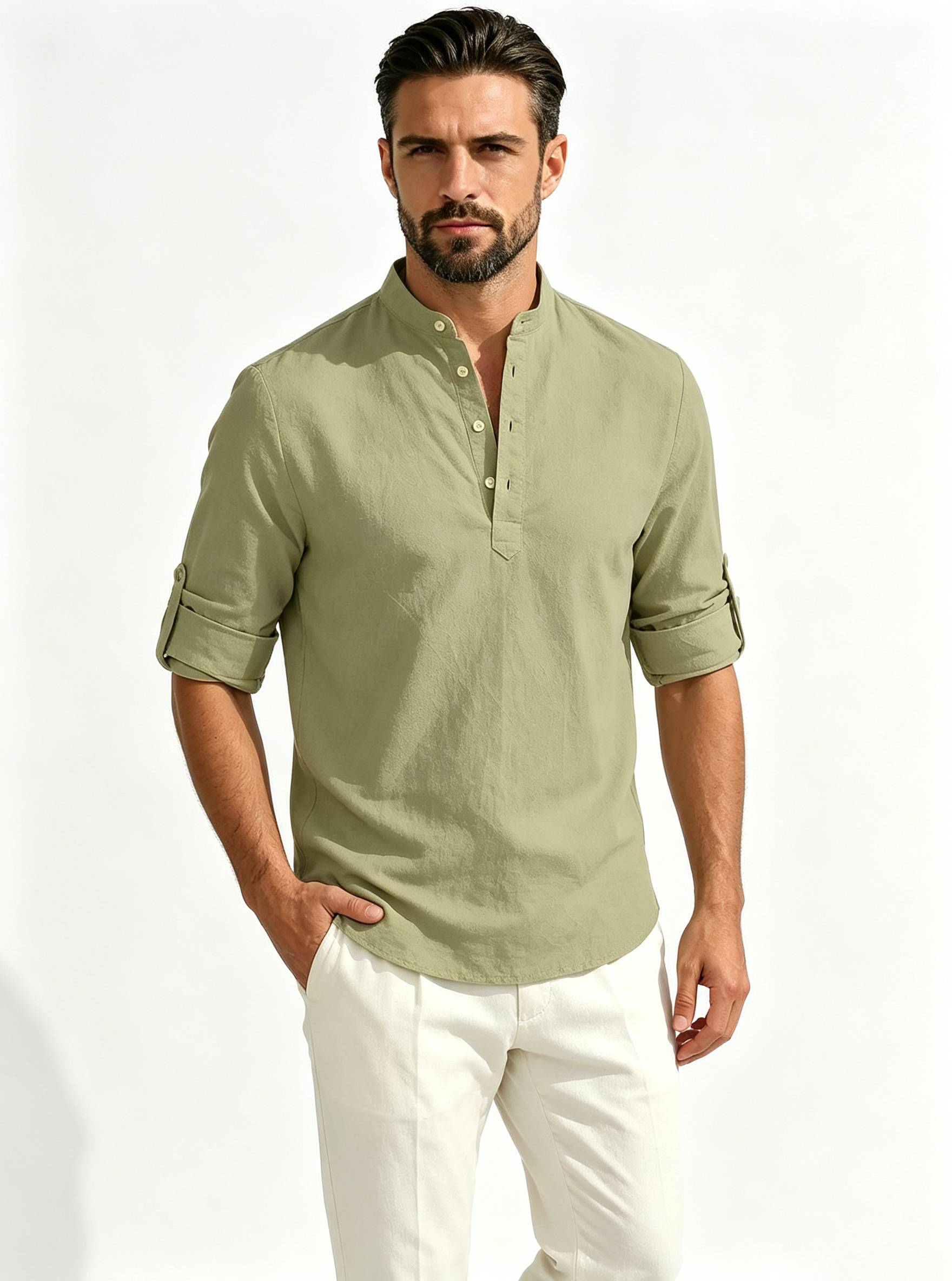 Men's Solid-Color Linen-Blend Stand-Collar Long-Sleeve Breathable Quick-Dry Loose Casual Shirt