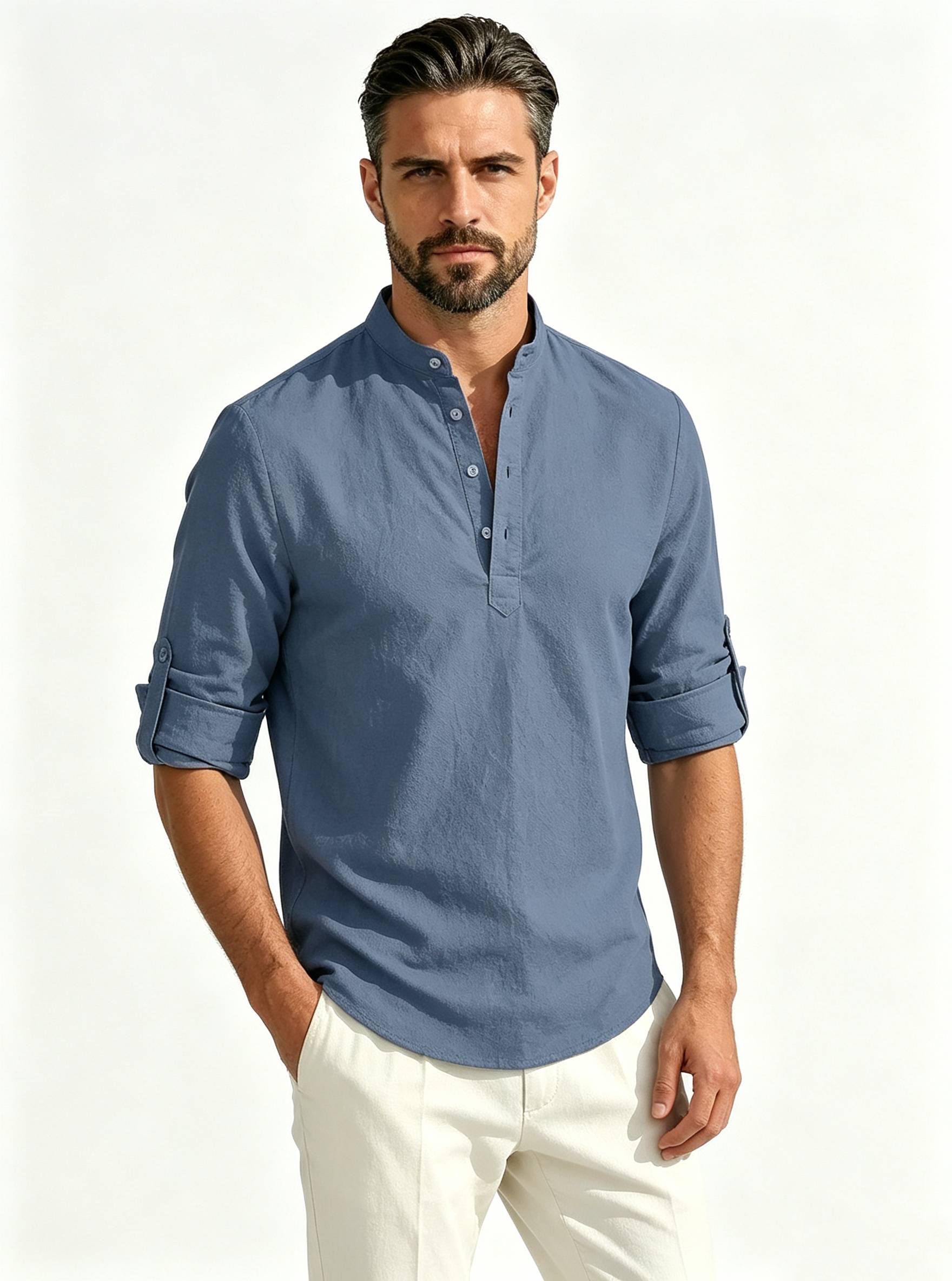 Men's Solid-Color Linen-Blend Stand-Collar Long-Sleeve Breathable Quick-Dry Loose Casual Shirt