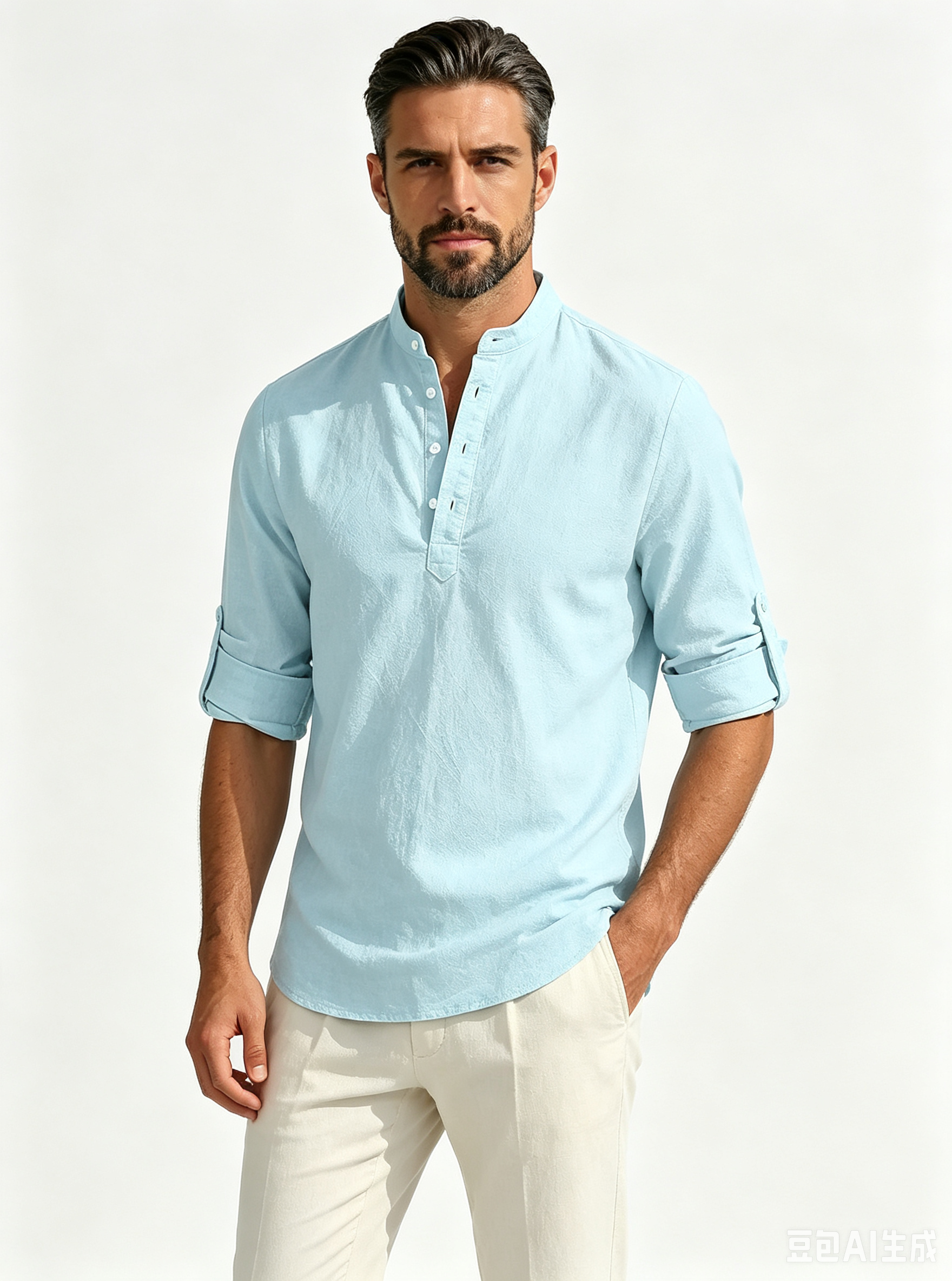 Men's Solid-Color Linen-Blend Stand-Collar Long-Sleeve Breathable Quick-Dry Loose Casual Shirt