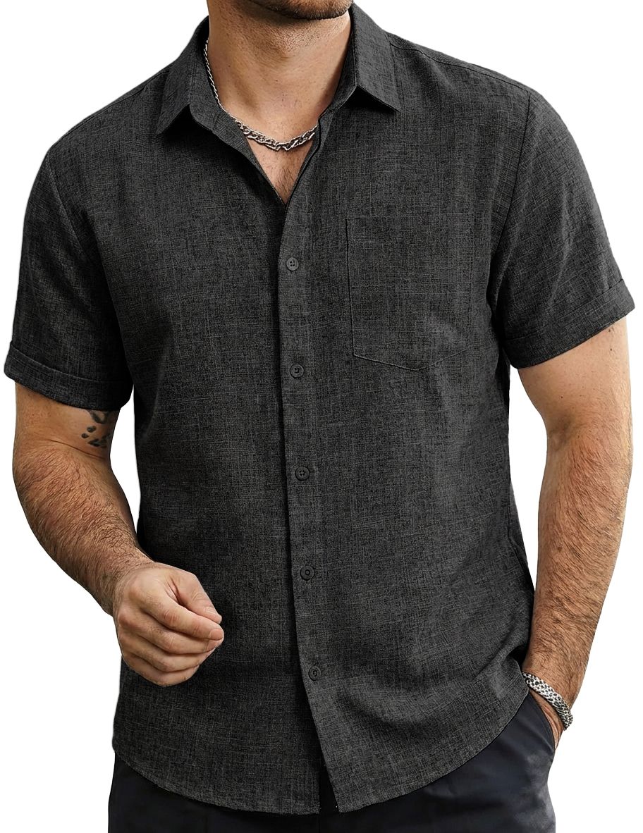 Men's Cotton-Linen Striped Casual Short-Sleeve Shirt