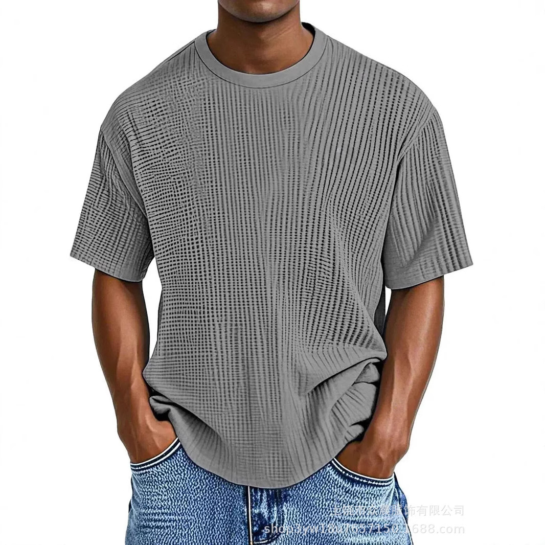 Men's casual solid color comfortable waffle short-sleeved T-shirt