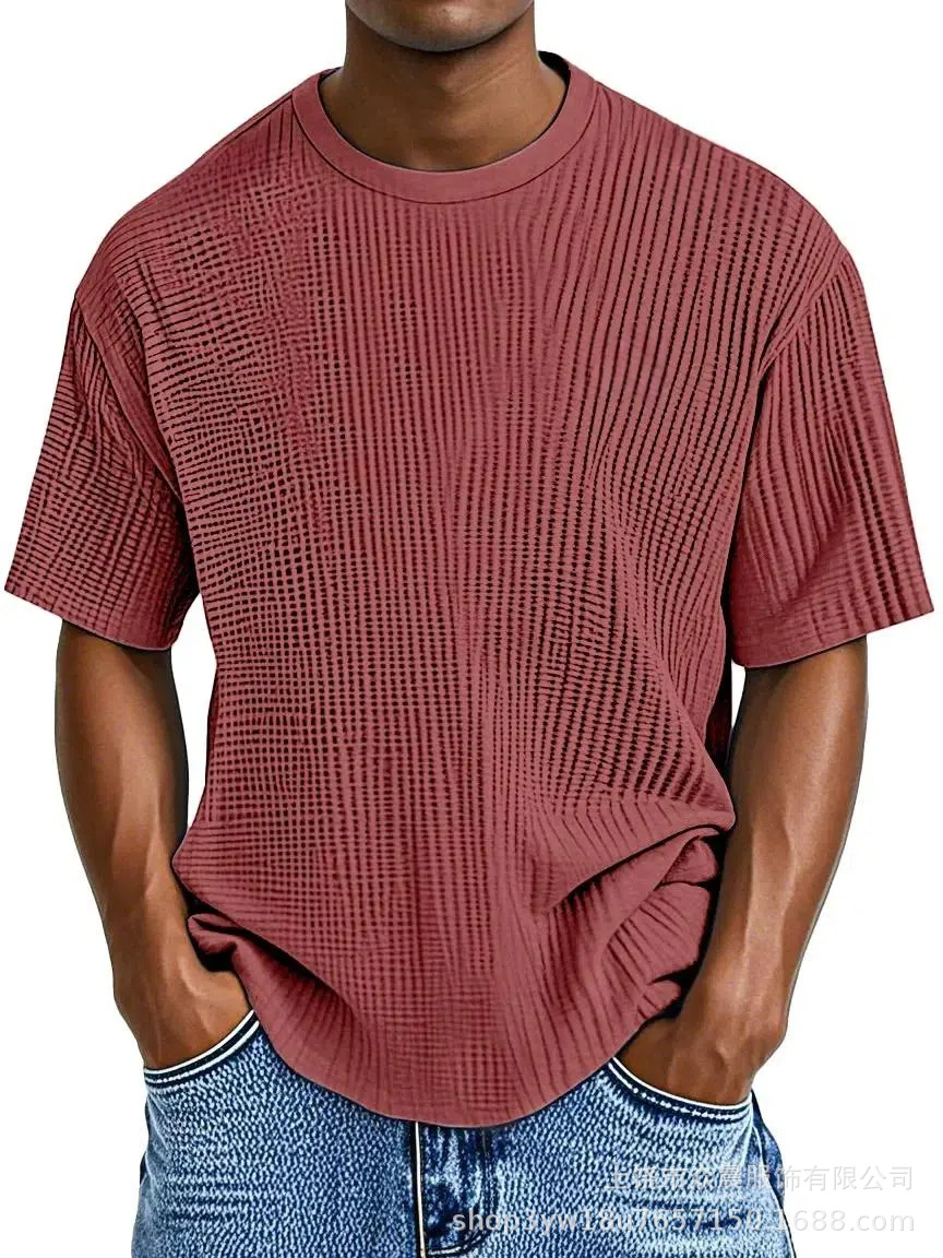 Men's casual solid color comfortable waffle short-sleeved T-shirt