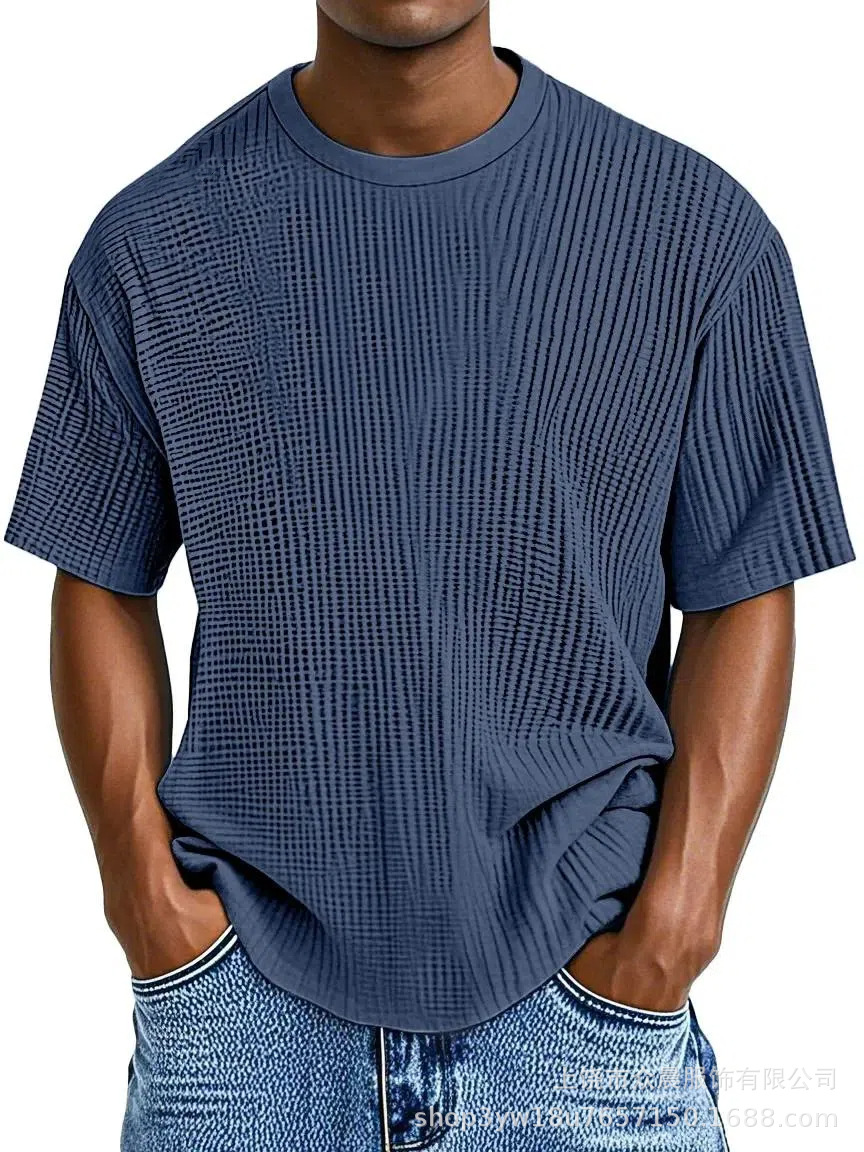 Men's casual solid color comfortable waffle short-sleeved T-shirt