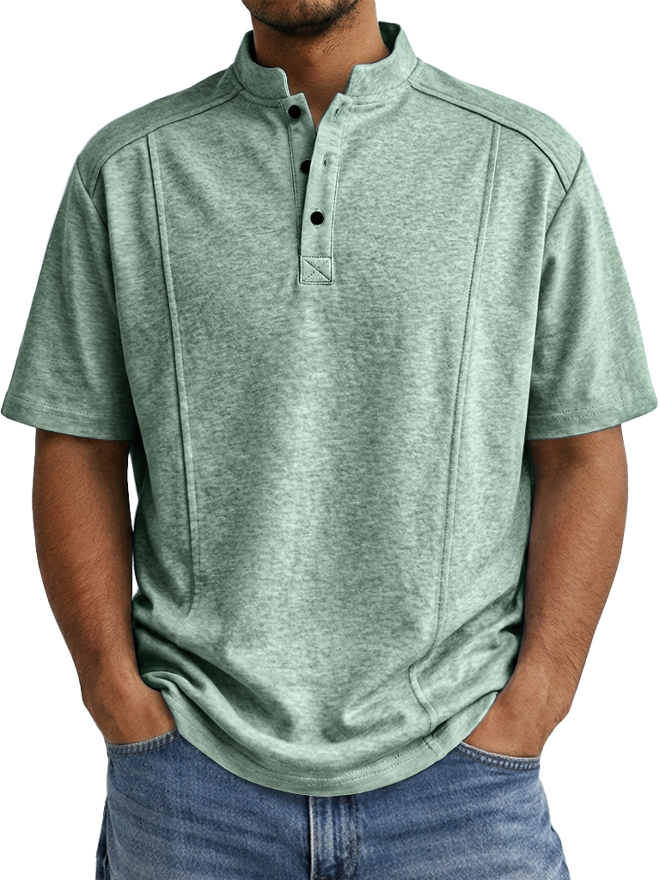 Men's Deconstructed Stand-Collar Button-Front Short-Sleeve Henley