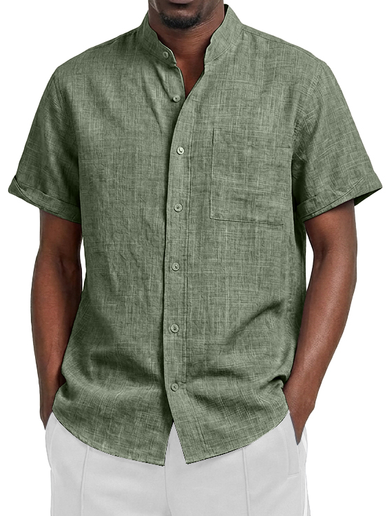 Men's Linen Casual Stand Collar Pocket Short-Sleeve Shirt