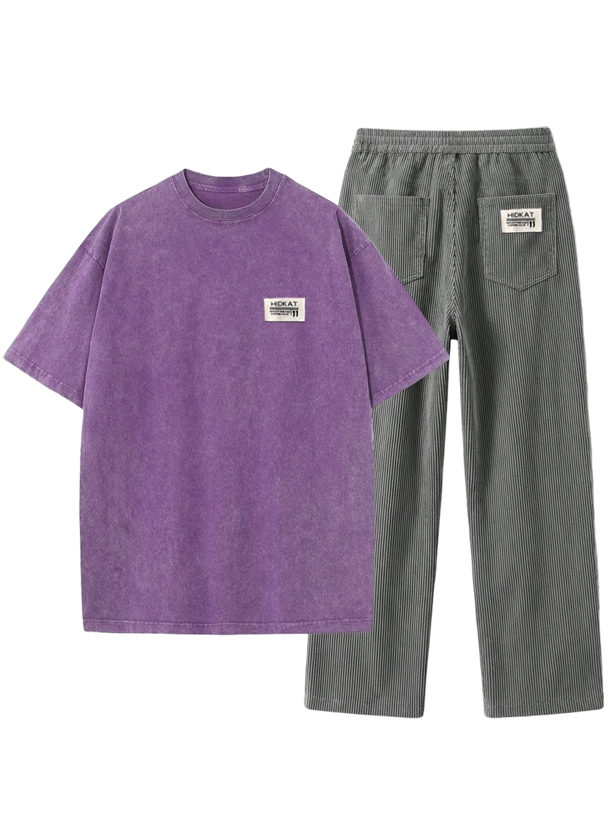 Men's Vintage Washed And Distressed Pure Cotton T-shirt And Corduroy Trousers Set OOTD