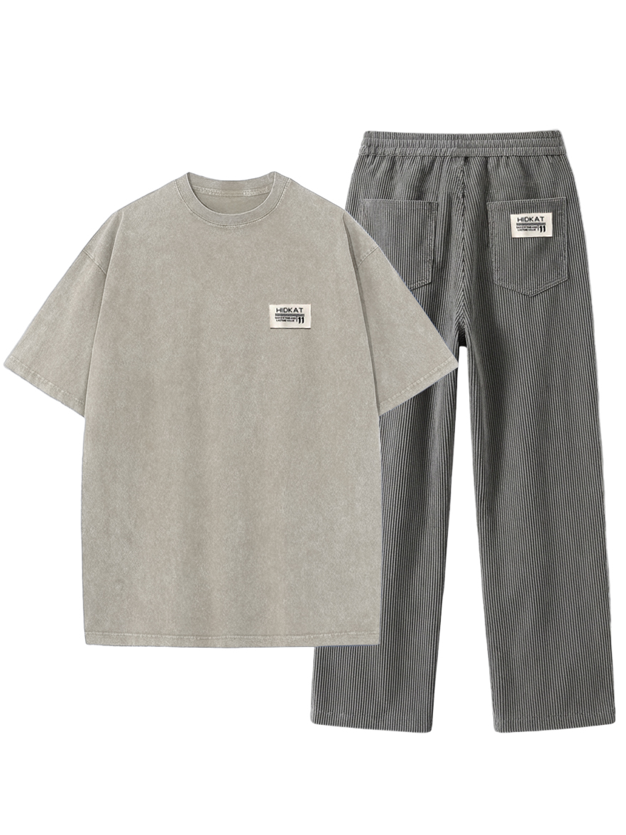 Men's Vintage Washed And Distressed Pure Cotton T-shirt And Corduroy Trousers Set OOTD