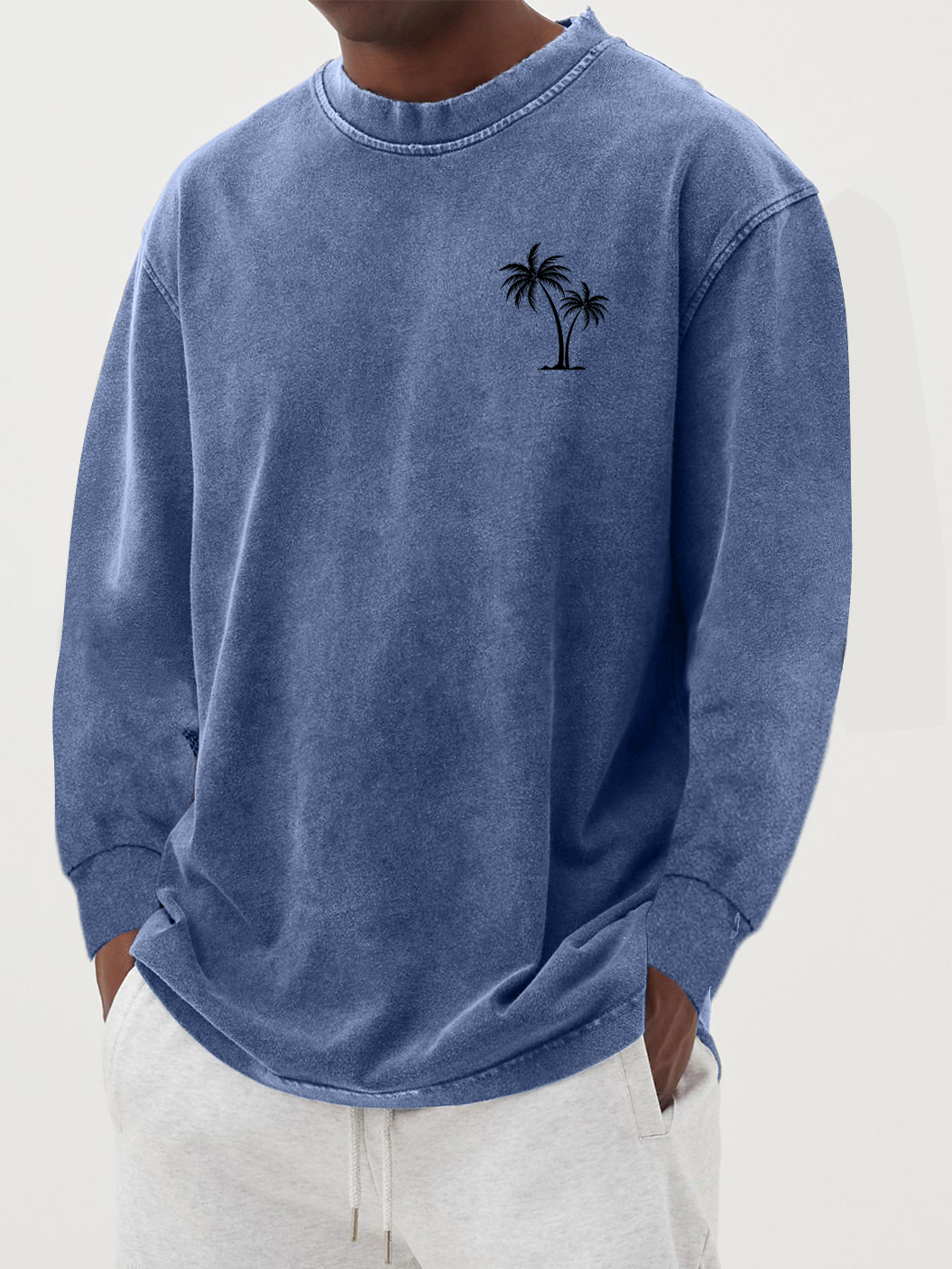 Men's Cotton Vintage Washed Distressed Palm Tree Long-sleeved T-shirt