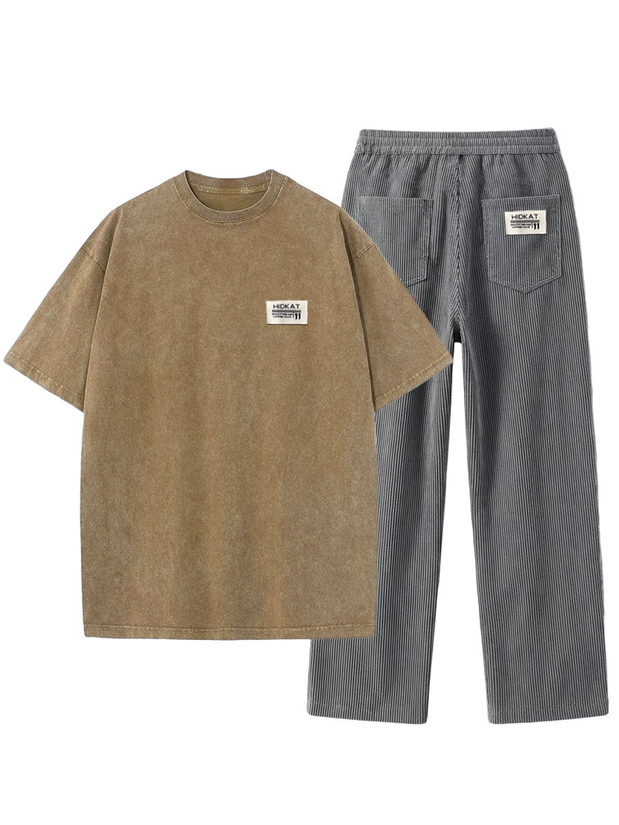 Men's Vintage Washed And Distressed Pure Cotton T-shirt And Corduroy Trousers Set OOTD