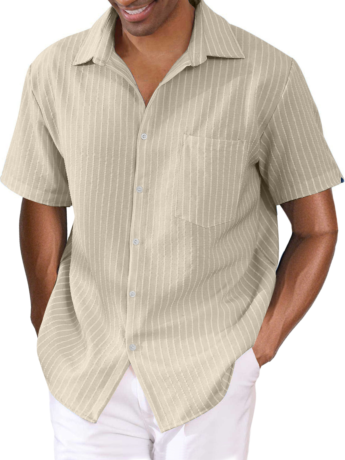 Men's Striped Cotton Linen Pocket Hawaiian Casual Short Sleeve Shirt