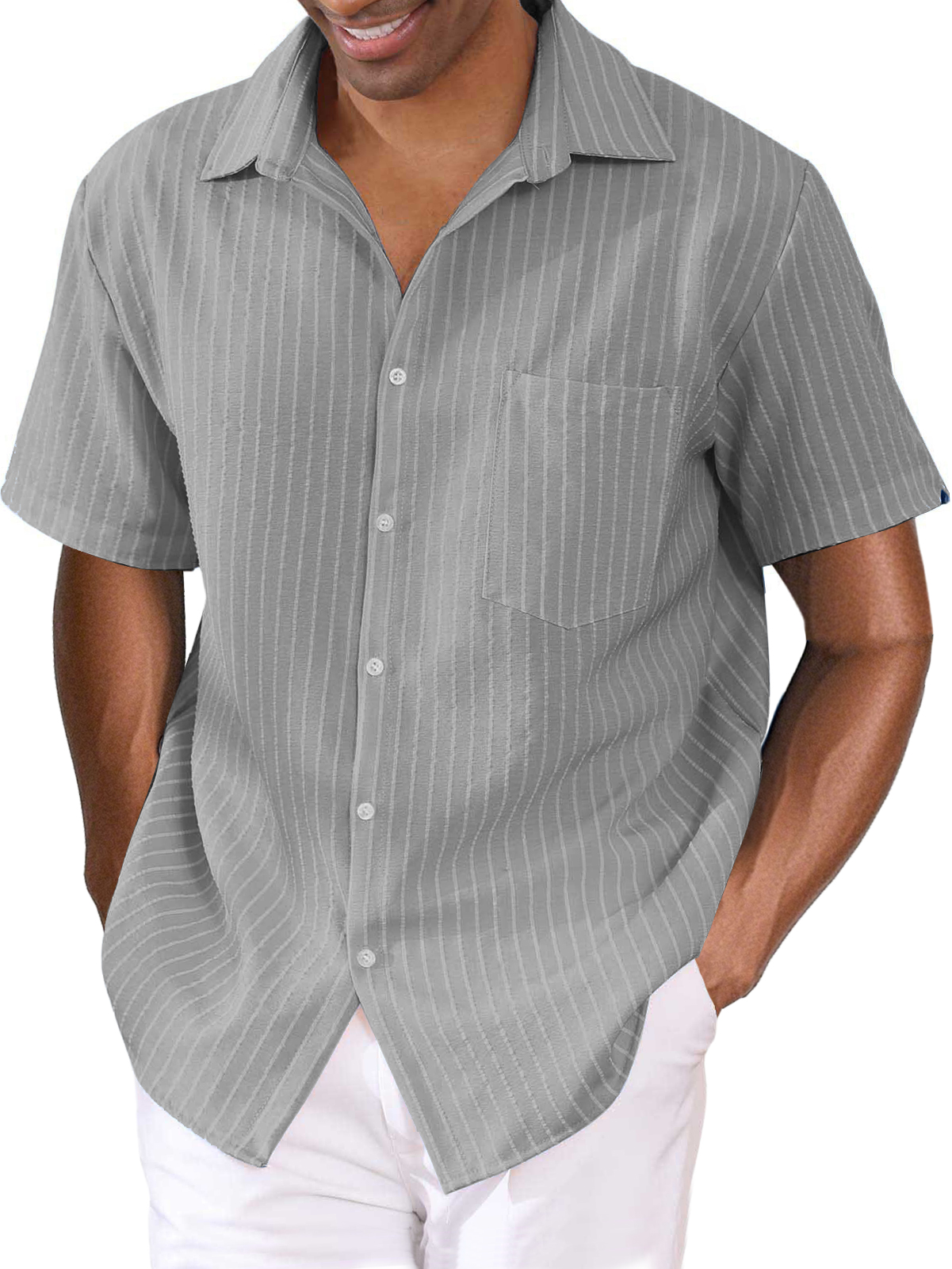 Men's Striped Cotton Linen Pocket Hawaiian Casual Short Sleeve Shirt