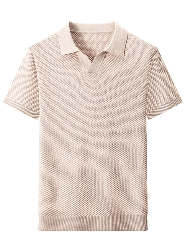 Men's Textured Knit Open-Collar Polo Shirt – Breathable Summer Short Sleeve Tee