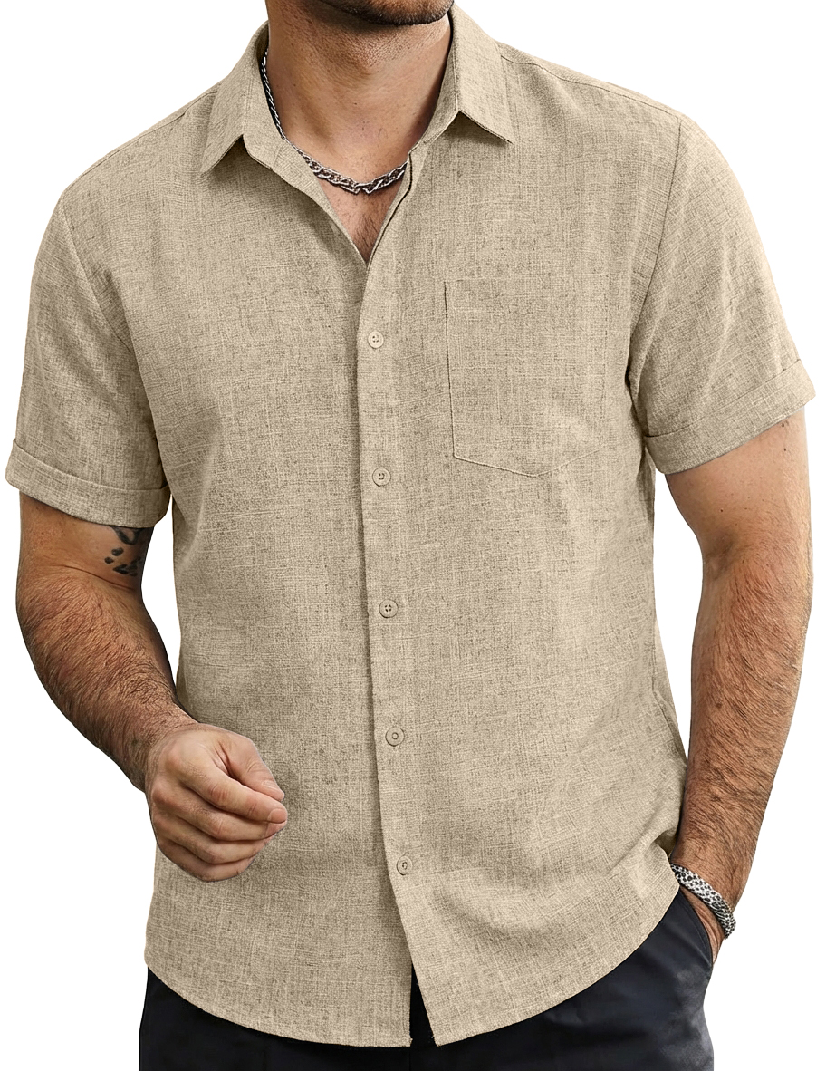 Men's Cotton-Linen Striped Casual Short-Sleeve Shirt