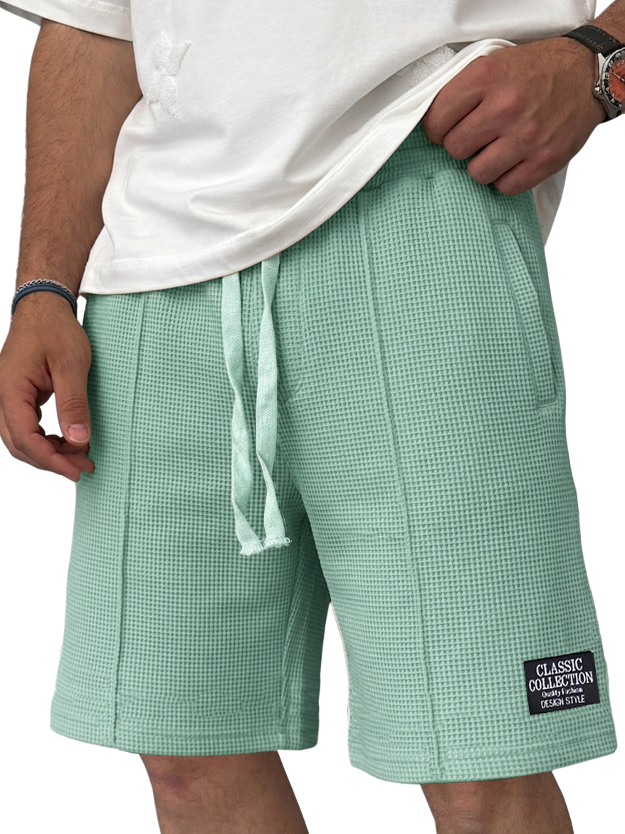 Men's Waffle Knit Casual Drawstring Elastic Waist Embroidered Logo Shorts