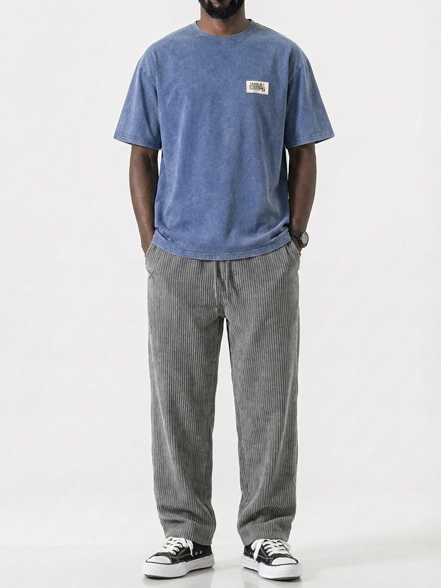 Men's Vintage Washed And Distressed Pure Cotton T-shirt And Corduroy Trousers Set OOTD