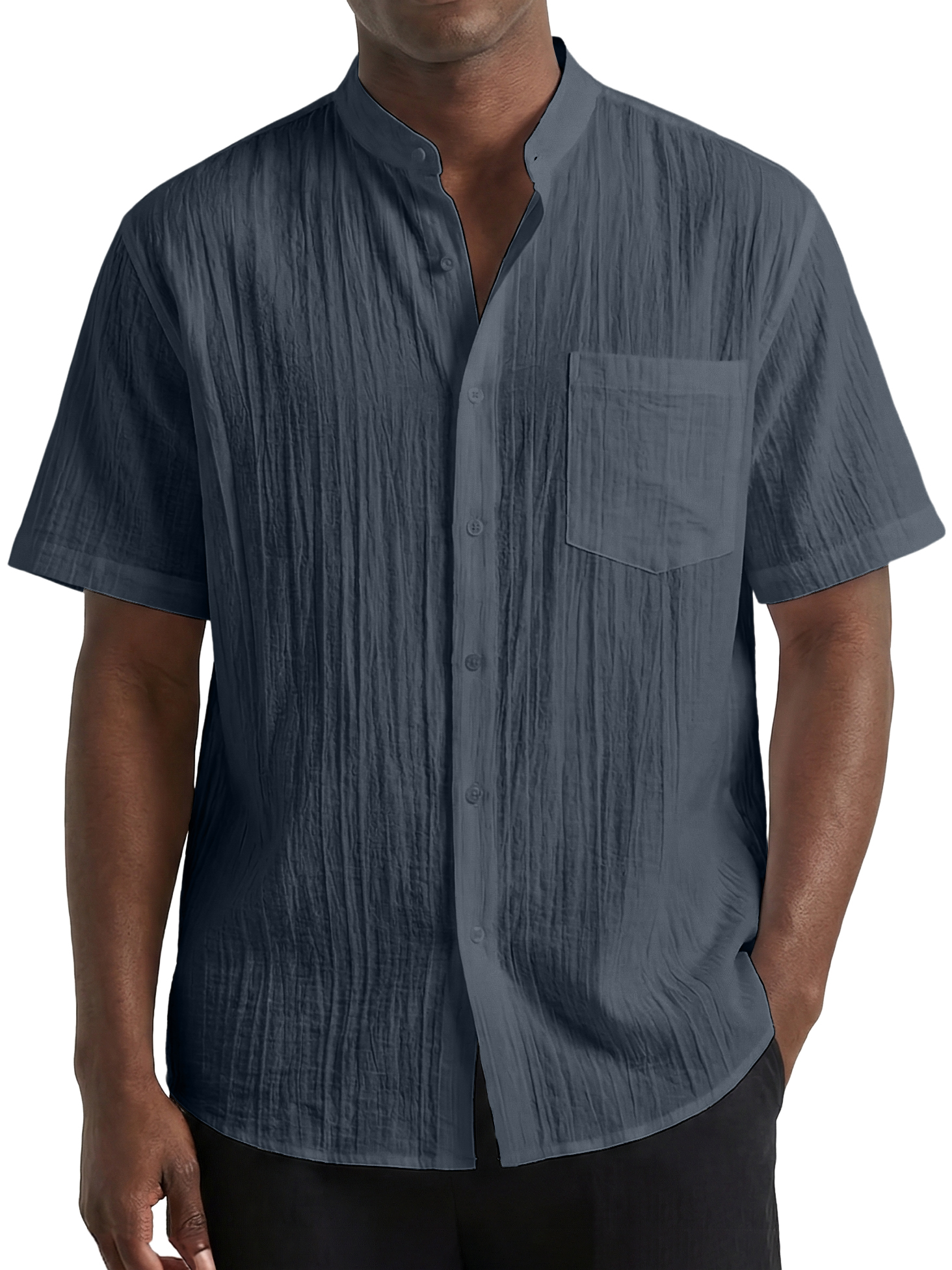 Men's Pleated Striped Textured Comfortable Breathable Short Sleeve Shirt