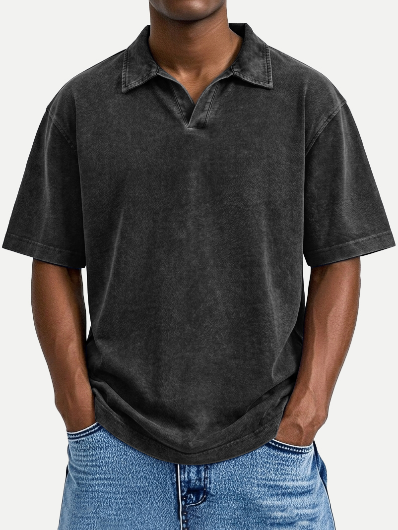 Men's Vintage Distressed Loose-Fit Casual Seagull Collar Short-Sleeve Polo Shirt