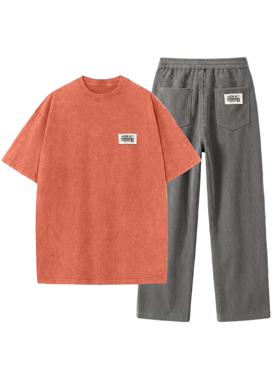 Men's Vintage Washed And Distressed Pure Cotton T-shirt And Corduroy Trousers Set OOTD
