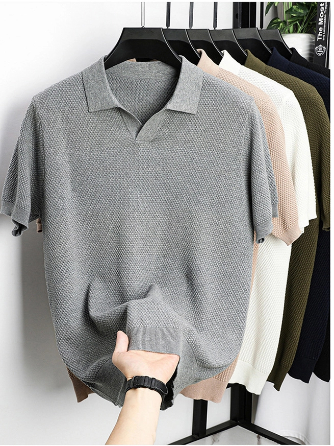 Men's Textured Knit Open-Collar Polo Shirt – Breathable Summer Short Sleeve Tee