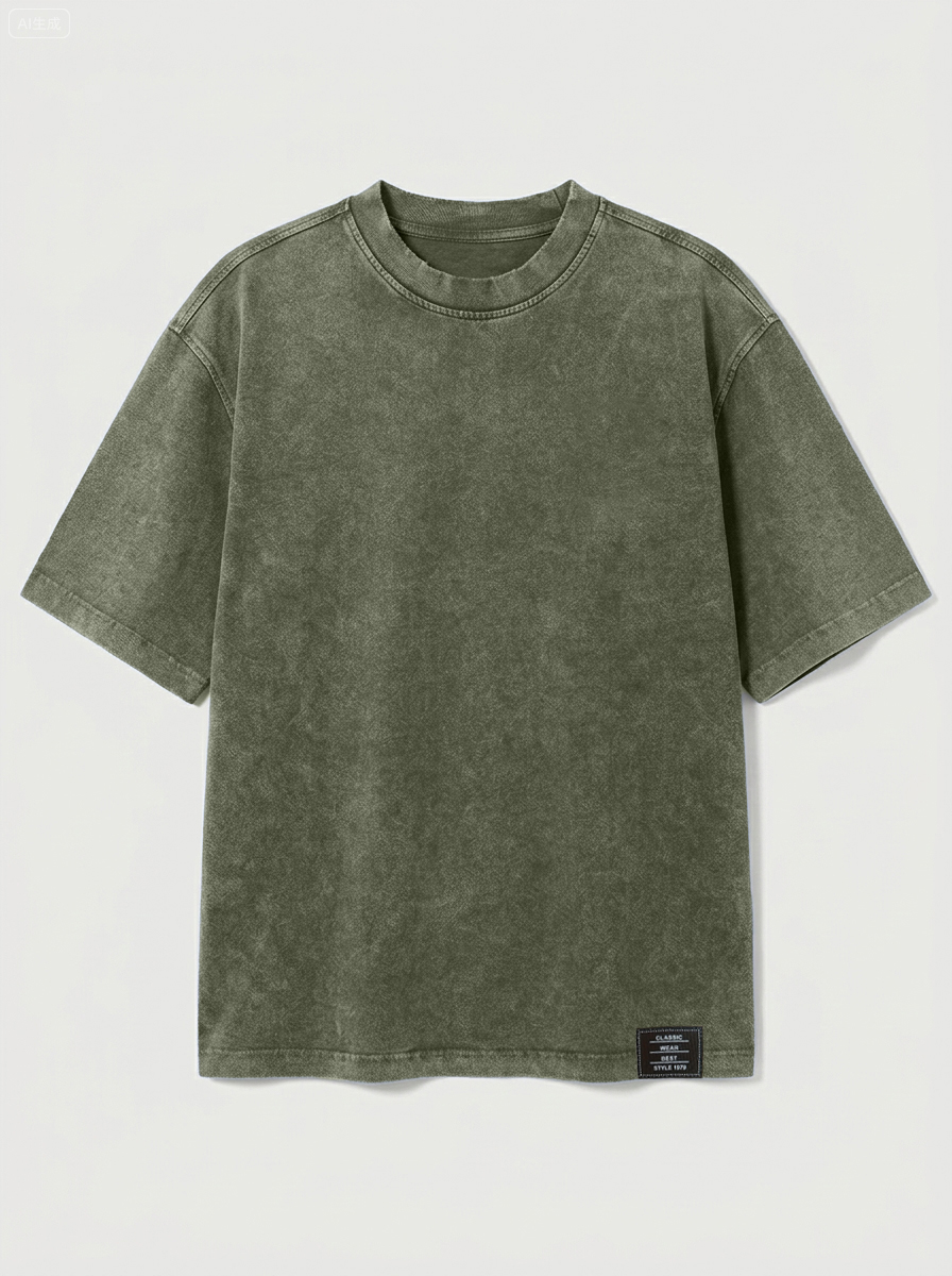 100% Cotton Vintage Casual Washed & Distressed Embroidered Logo Crew Neck Short-Sleeve T-Shirt